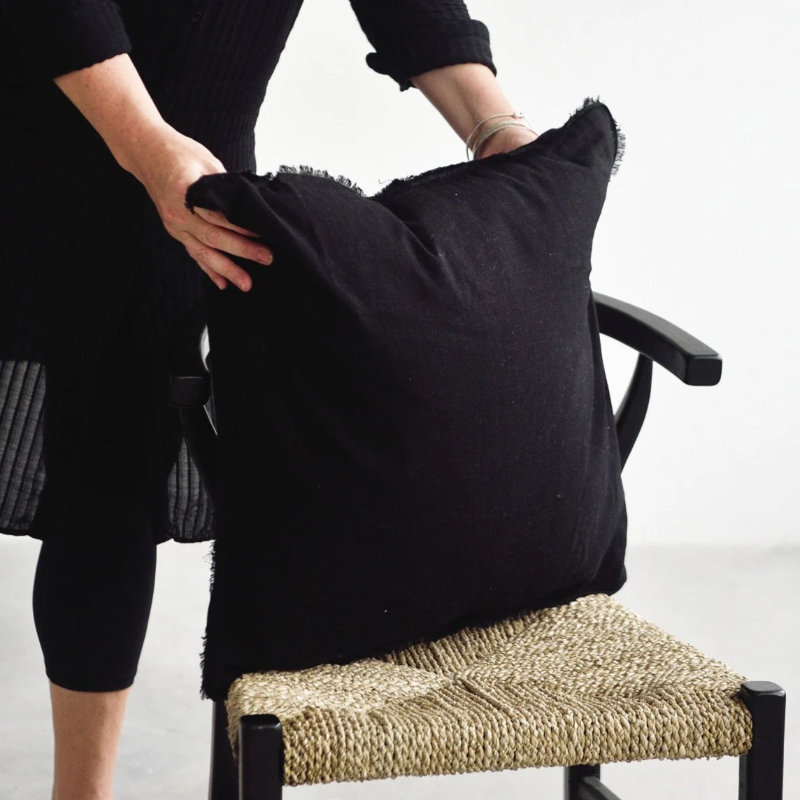 Black Freya Linen Cushion Cover - 55cm x 55cm - Image 3