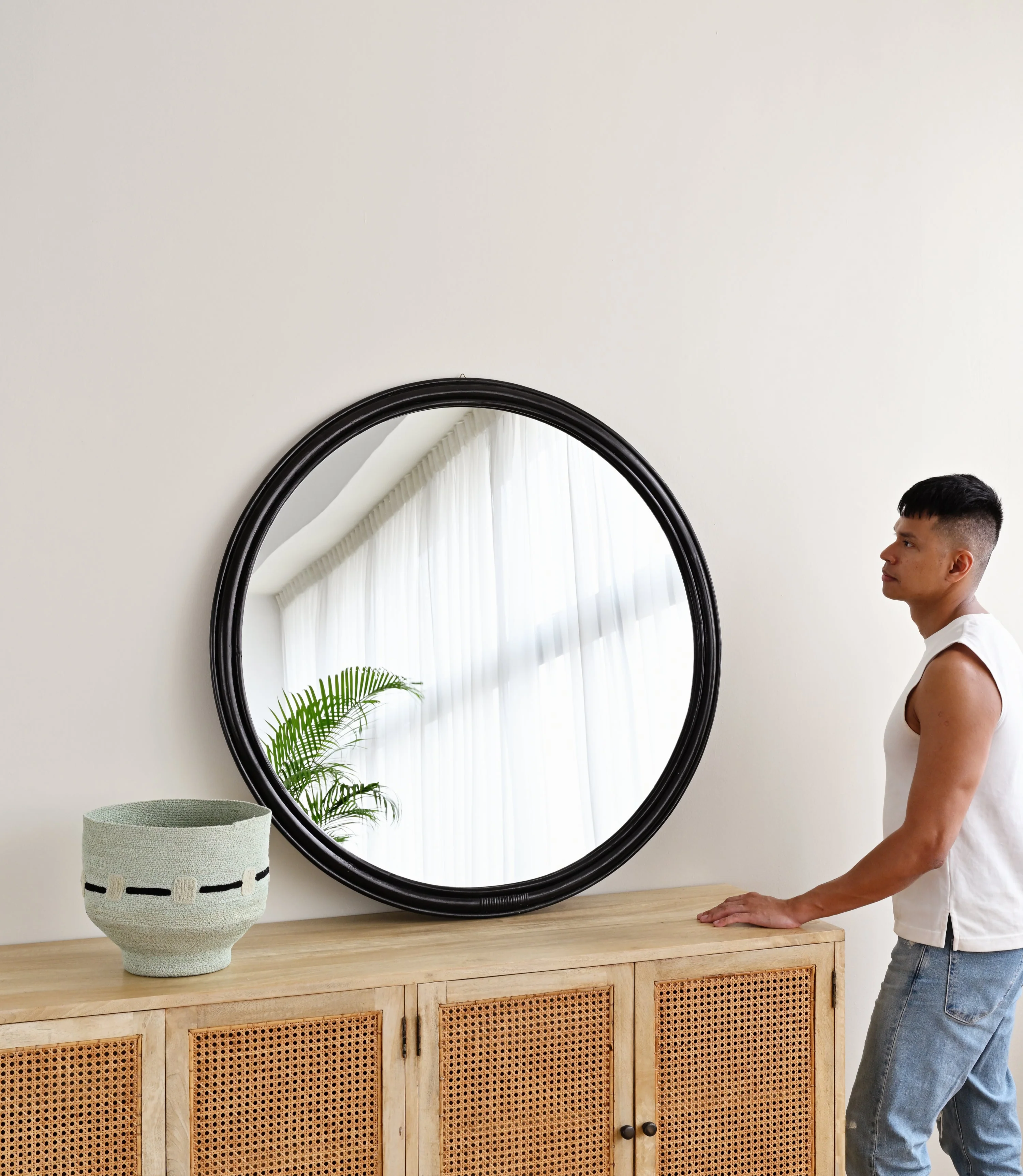 Black Round Rattan Mirror - Image 3
