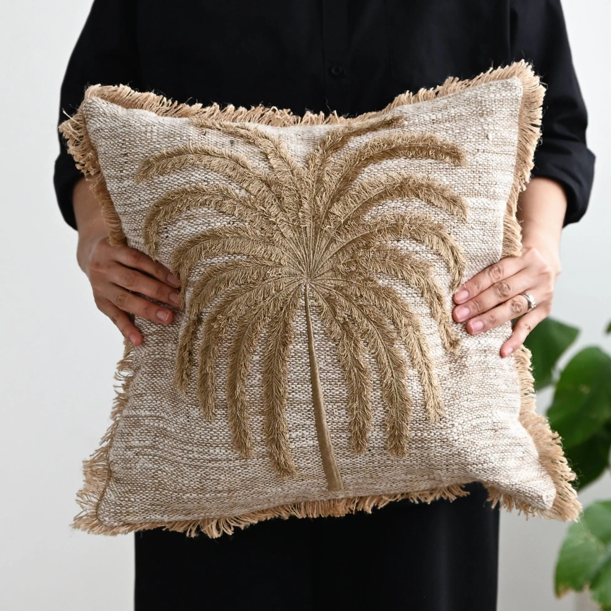 Natural Palmtree Cushion Cover with Fringe - 45 x 45 cm