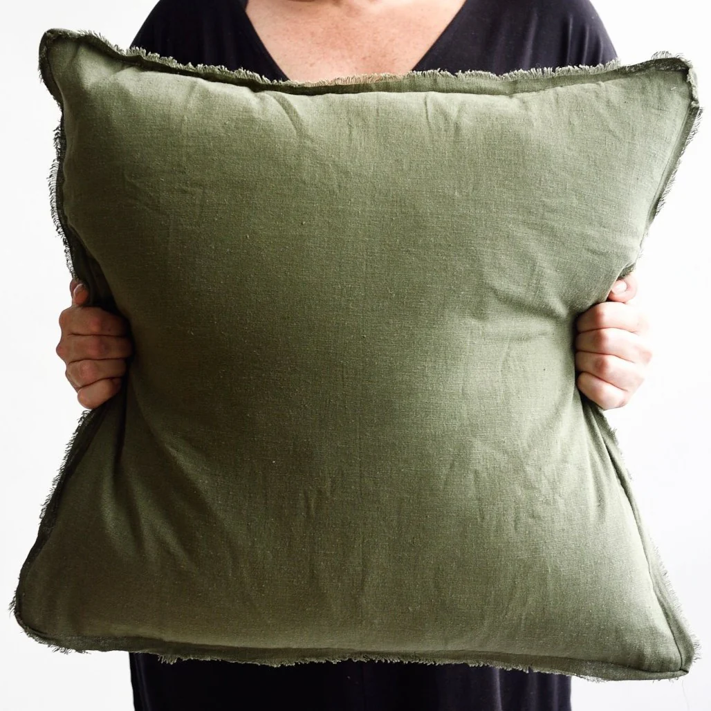 Olive Green Freya Linen Square Cushion Cover - 55cm x 55cm