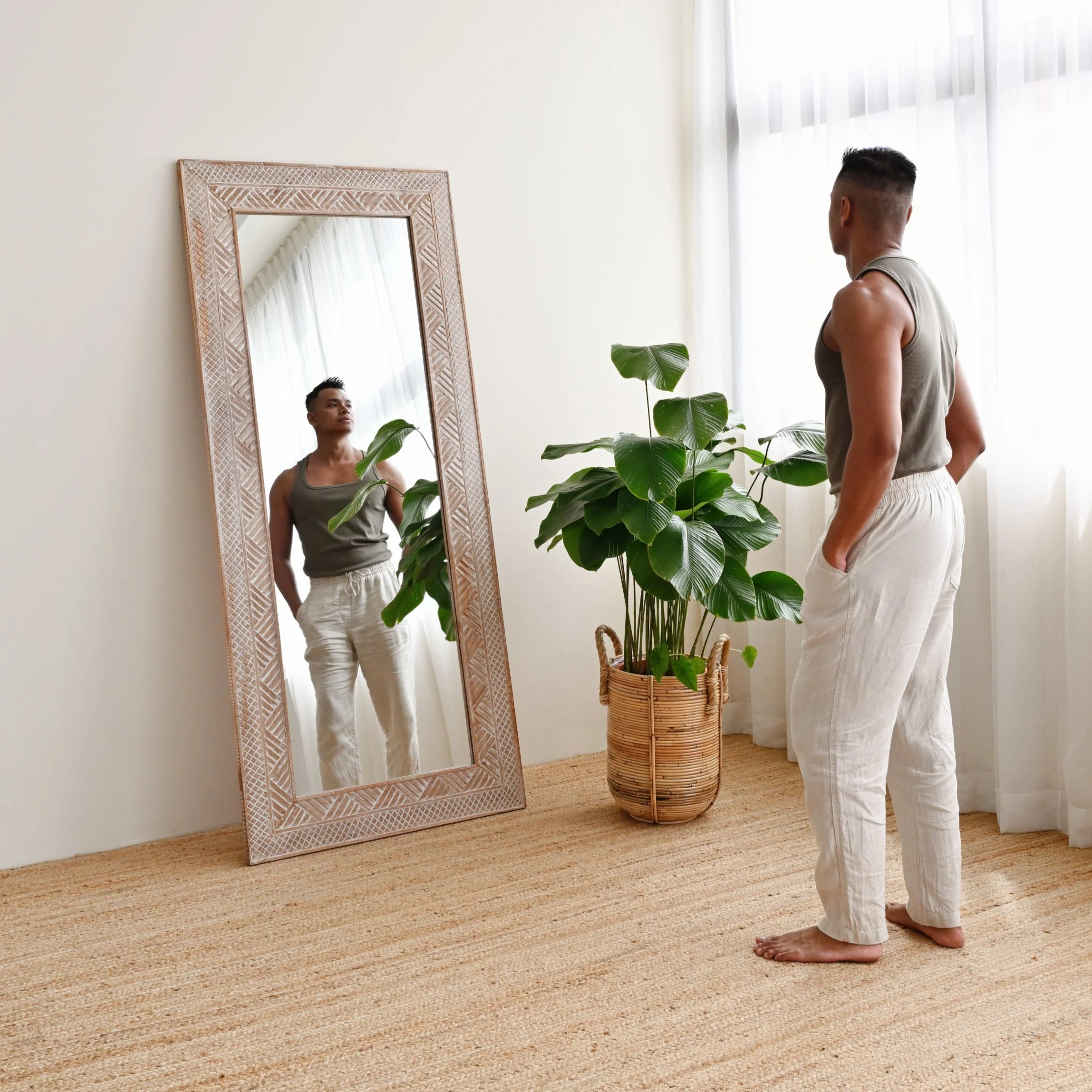 Manado White Washed Carved Mirror - 80cm x 180cm - Image 3