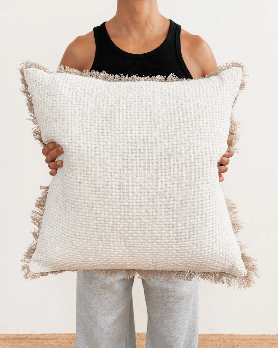 White Natural Textured Fringed Cushion Cover - 55cm x 55cm