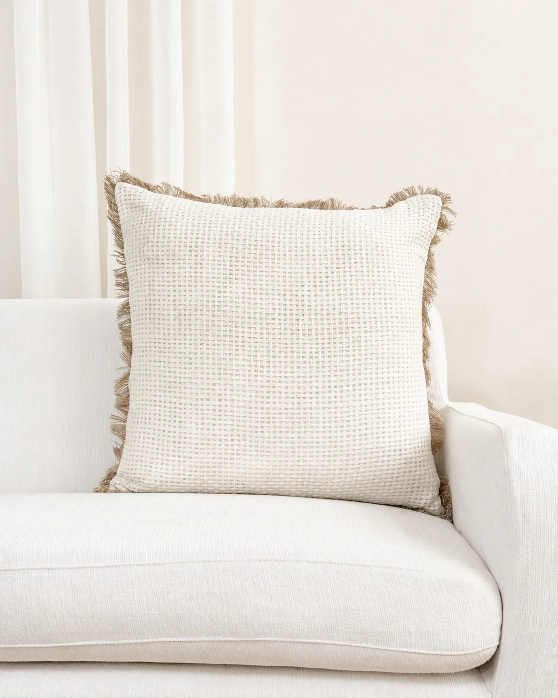 White Natural Textured Fringed Cushion Cover - 55cm x 55cm - Image 2
